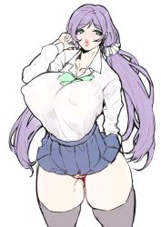 Rule 34 | 10s, 1girl, breasts, curvy, covered erect nipples, gero 1992, green eyes, huge breasts, lips, long hair, looking at viewer, love live!, love live! school idol project, parted lips, pleated skirt, plump, purple hair, pussy, school uniform, skirt, solo, thick thighs, tojo nozomi, twintails, white background