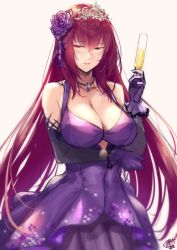 Rule 34 | 1girl, alcohol, breasts, champagne, champagne flute, cleavage, cup, dress, drinking glass, elbow gloves, fate/grand order, fate (series), flower, gloves, hair flower, hair ornament, heroic spirit formal dress, jewelry, large breasts, long hair, looking at viewer, necklace, okitakung, purple dress, purple hair, red eyes, scathach (fate), scathach (formal dress) (fate), tiara