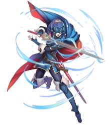 Rule 34 | blue hair, cape, fingerless gloves, fire emblem, fire emblem awakening, fire emblem heroes, full body, gloves, glowing, glowing weapon, highres, holding, holding sword, holding weapon, jewelry, lucina (fire emblem), maiponpon, marth (fire emblem awakening), mask, nintendo, official art, open mouth, sheath, short hair, solo, standing, sword, thighhighs, tiara, transparent background, weapon