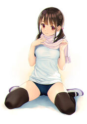 Rule 34 | 1girl, blue buruma, breasts, brown hair, brown thighhighs, buruma, commentary, fringe trim, full body, hair bobbles, hair ornament, hands up, koutaro, looking at viewer, low twintails, medium breasts, original, pink scarf, red eyes, scarf, shirt, shoes, short sleeves, sitting, solo, thighhighs, twintails, twitter username, uwabaki, wariza, white background, white footwear, white shirt