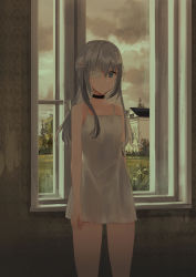 Rule 34 | 1girl, arms at sides, bandage over one eye, bandaged arm, bandaged head, bandages, blood, bloody bandages, breasts, building, chihuri, closed mouth, cloud, cloudy sky, dress, eve (chihuri), grey eyes, grey hair, hair between eyes, highres, indoors, long hair, looking at viewer, original, overcast, short dress, sky, sleeveless, sleeveless dress, small breasts, solo, standing, sundress, tree, white dress, window