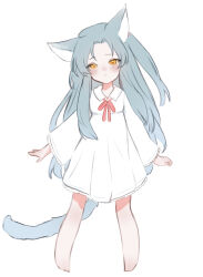 Rule 34 | 1girl, angela (project moon), animal ears, barefoot, blue hair, blush, cat ears, cat tail, closed mouth, dress, highres, lobotomy corporation, long hair, moth ram, neck ribbon, parted bangs, pink ribbon, project moon, ribbon, sidelocks, simple background, solo, tail, very long hair, white background, white dress, yellow eyes