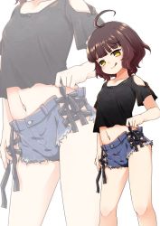 Rule 34 | 1girl, ahoge, alternate costume, bare shoulders, black shirt, blouse, blue shorts, blunt bangs, brown eyes, brown hair, casual, contrapposto, cutoffs, feet out of frame, highres, kantai collection, kishinami (kancolle), nassukun, shirt, short hair, shorts, solo, standing, tongue, tongue out, wavy hair, zoom layer