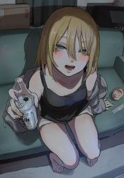 Rule 34 | 1girl, :d, asahi breweries, bare shoulders, barefoot, beer can, blonde hair, blue eyes, blush, breasts, can, couch, drink can, food, hair between eyes, half-closed eyes, highres, jacket, looking at viewer, medium hair, off shoulder, open mouth, original, pudding, shorts, sitting, small breasts, smile, solo, spoon, tabao, tank top, teeth