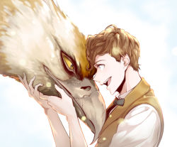 Rule 34 | 1boy, bad id, bad pixiv id, bird, bow, bowtie, brown hair, fantastic beasts and where to find them, harry potter (series), male focus, newt scamander, open mouth, sky, solo, teeth, thunderbird (fantastic beast), tonomayo, upper body, wizarding world