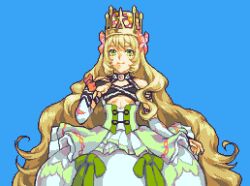 Rule 34 | bare shoulders, blonde hair, blue background, bow, bridal gauntlets, butterfly hair ornament, celine (fire emblem), closed mouth, criss-cross halter, crown, dress, dress bow, fire emblem, fire emblem engage, flower, glaceo, green bow, green dress, green eyes, hair flower, hair ornament, halterneck, long hair, looking at viewer, nintendo, orange bow, pixel art, smile, solo, very long hair, wrist bow