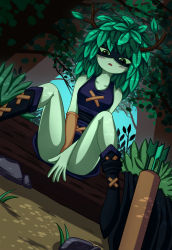 Rule 34 | 1girl, adventure time, antlers, blush, colored skin, domino mask, dryad, dutch angle, embarrassed, green eyes, green skin, highres, horns, huntress wizard, leaf, mask, monster girl, outdoors, plant girl, quiver, solo