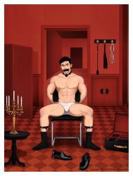 Rule 34 | 1boy, abs, arms behind back, bara, black eyes, black footwear, black hair, black male underwear, black socks, briefcase, candelabra, candlestand, chair, chioneoc, full body, gag, gag around neck, highres, improvised gag, indoors, knee strap, large pectorals, looking at viewer, male focus, male underwear, muscular, muscular male, navel, nipples, original, pectorals, red theme, rope, shoes, short hair, sitting, socks, solo, spread legs, table, tape, tape gag, tile floor, tiles, underwear, underwear only, unworn gag, unworn shoes, whip