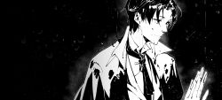 Rule 34 | 0000-111-0100-0, 1boy, black hair, chinese commentary, coat, commentary request, dark, hand up, highres, jacket, klein moretti, looking down, lord of the mysteries, male focus, monochrome, necktie, outdoors, rain, shirt, short hair, solo, wet, wet clothes, wet hair