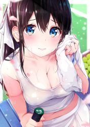 Rule 34 | 1girl, 3:, ball, black hair, blue eyes, blurry, blurry background, blush, bow, breasts, cleavage, closed mouth, collarbone, day, depth of field, drying, dutch angle, embarrassed, hair between eyes, hair bow, highres, holding, lens flare, light frown, lips, long hair, looking at viewer, medium breasts, navel, original, outdoors, petals, ponytail, racket, raised eyebrows, rouka (akatyann), shiny skin, sitting, solo, solo focus, sportswear, sweat, tareme, tennis, tennis ball, tennis racket, tennis uniform, towel