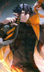 Rule 34 | 1boy, abs, arknights, black hair, black jacket, black nails, covered abs, covered pectorals, embers, fire, flamebringer (arknights), grey background, hair between eyes, highres, holding, holding sword, holding weapon, horns, jacket, long sleeves, looking ahead, male focus, orange eyes, parted lips, shirashura, short hair, single horn, solo, sword, weapon