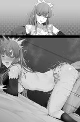 Rule 34 | 1boy, 1girl, all fours, ass grab, blush, bra, breasts, doggystyle, elbow gloves, fate/grand order, fate (series), gloves, greyscale, heart, highres, instant loss, kneehighs, long hair, medb (fate), medium breasts, microskirt, monochrome, motion lines, multiple views, on bed, open mouth, sex, sex from behind, shrug (clothing), skirt, socks, speech bubble, spoken heart, sweat, textless version, thighs, tiara, underwear, wakamochi-ta