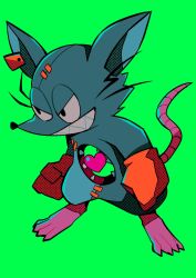 Rule 34 | 1boy, black eyes, clenched hand, ear tag, full body, furry, furry male, gloves, green background, grey background, grin, heart, highres, mad rat, mad rat dead, male focus, menma (enaic31), mouse (animal), orange gloves, sharp teeth, simple background, smile, solo, standing, stitched face, stitches, teeth, whiskers