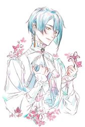 Rule 34 | 1boy, blue hair, book, earrings, frilled shirt collar, frilled skirt, frills, genshin impact, holding, holding book, jewelry, kkcoocool, long sleeves, male focus, short hair, simple background, single earring, skirt, upper body, xingqiu (genshin impact), yellow eyes