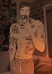 Rule 34 | 1boy, abs, absurdres, arm tattoo, bara, black hair, chest tattoo, grey pants, hand in pocket, highres, holding, holding phone, large pectorals, looking at viewer, male focus, muscular, muscular male, navel, nipples, original, pants, pectorals, phone, punim410, short hair, solo, stomach tattoo, tattoo, topless male
