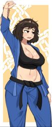 Rule 34 | 1girl, breasts, brown eyes, brown hair, chain, cleavage, collarbone, dougi, kawakami sadayo, large breasts, mossy, navel, persona, persona 5, short hair, solo, standing, stomach