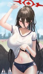 Rule 34 | 1girl, absurdres, black buruma, black hair, blue archive, blush, bottle, breasts, buruma, closed mouth, clothes lift, collarbone, commentary, hair between eyes, halo, hasumi (blue archive), hasumi (track) (blue archive), highres, holding, holding bottle, large breasts, long hair, looking at viewer, low wings, navel, outdoors, ponytail, pouring, pouring onto self, raurashun, red eyes, shirt, shirt lift, short sleeves, solo, track and field, water, water bottle, white shirt, wings
