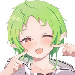 Rule 34 | 1girl, ahoge, cheek poking, elf, green hair, hands on own cheeks, hands on own face, highres, hood, hooded jacket, jacket, light blush, mushoku tensei, one eye closed, pointy ears, poking, red eyes, short hair, simple background, sylphiette (mushoku tensei), tachi aqt, upper body, white background, white jacket