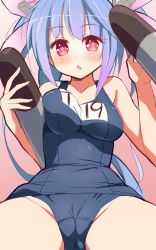 Rule 34 | 10s, 1girl, 9law, :o, bad id, bad pixiv id, blue hair, blush, cameltoe, gradient hair, hair ribbon, highres, i-19 (kancolle), impossible clothes, impossible swimsuit, kantai collection, looking at viewer, multicolored hair, name tag, one-piece swimsuit, personification, purple hair, red eyes, ribbon, school swimsuit, school uniform, signature, sketch, solo, swimsuit, torpedo