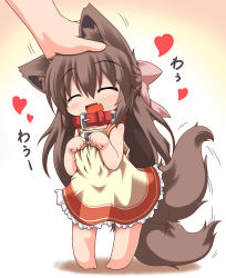 Rule 34 | 1girl, :d, animal ears, bow, chibi, collar, dog ears, dog tail, dress, closed eyes, fang, hair bow, happy, head pat, heart, kuroneko liger, long hair, manaka, open mouth, original, paw pose, headpat, smile, solo focus, tail, tail wagging