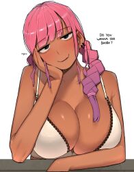 Rule 34 | 1girl, blush, bra, breasts, cleavage, commentary, dark-skinned female, dark skin, earrings, english text, jewelry, large breasts, long hair, looking at viewer, ohasi, original, pink (ohasi), pink hair, simple background, solo, symbol-only commentary, underwear, white background