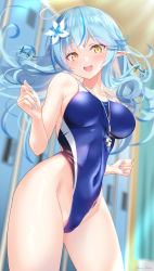 Rule 34 | 1girl, ahoge, blue hair, blue nails, blush, breasts, cameltoe, cleavage, colored tips, competition swimsuit, covered navel, elf, flower, hair between eyes, hair flower, hair ornament, heart, heart ahoge, highleg, highleg swimsuit, highres, hololive, large breasts, long hair, looking at viewer, mizuno kurage, multicolored hair, nail polish, one-piece swimsuit, open mouth, pointy ears, sideboob, skirt, unworn skirt, smile, solo, swimsuit, virtual youtuber, whistle, whistle around neck, yellow eyes, yukihana lamy