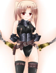 Rule 34 | 1girl, armor, belt, blush, bodypaint, bow, breasts, female focus, gradient background, pussy, red eyes, shimo (depthbomb), solo, torn clothes, white background