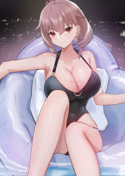 Rule 34 | 1girl, absurdres, azur lane, bare shoulders, black one-piece swimsuit, breasts, cleavage, collarbone, commentary request, duca degli abruzzi (azur lane), duca degli abruzzi (lustrous onyx sirenetta) (azur lane), feet out of frame, hair between eyes, highres, large breasts, legs, lim (ramu), looking at viewer, medium hair, official alternate costume, one-piece swimsuit, red eyes, red hair, sitting, smile, solo, swimsuit