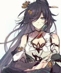 Rule 34 | 1girl, bare shoulders, bgd 3rd, black hair, blue eyes, china dress, chinese clothes, closed mouth, dress, earrings, fu hua, fu hua (azure empyrea), hair ornament, hair over one eye, honkai (series), honkai impact 3rd, jewelry, long hair, looking at viewer, simple background, single earring, sketch, smile, solo, unfinished, white background, white dress