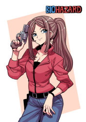 Rule 34 | 1girl, belt, blue eyes, breasts, brown hair, capcom, claire redfield, cleavage, closed mouth, denim, gun, handgun, jacket, long hair, looking at viewer, ponytail, resident evil, resident evil 2, resident evil 2 (remake), revolver, solo, tukiwani, weapon