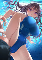 Rule 34 | 1boy, 1girl, barefoot, blue one-piece swimsuit, breasts, brown hair, commentary request, competition swimsuit, covered navel, freediving, highleg, highleg swimsuit, large breasts, natsushima memo, one-piece swimsuit, original, purple eyes, solo focus, stomping, swimsuit, underwater, wavy hair