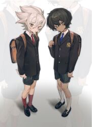 Rule 34 | 2boys, aged down, arjuna (fate), backpack, bag, black hair, black shorts, blue eyes, blue necktie, blush, child, collared shirt, dark-skinned male, dark skin, fate/grand order, fate (series), from above, full body, grey eyes, hair between eyes, half-brothers, highres, holding, holding paper, karna (fate), kneehighs, loafers, looking at viewer, male focus, multiple boys, necktie, paper, red necktie, red socks, school uniform, shadow, shirt, shoes, short hair, shorts, simple background, socks, spiked hair, standing, tokiyama momo, white background, white hair, white shirt, white socks