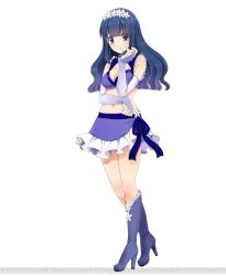 Rule 34 | 1girl, bare shoulders, blue eyes, blue gloves, blue hair, blue ribbon, boots, breasts, cleavage, crop top, daisy, elbow gloves, fingerless gloves, flower, full body, gloves, head wreath, high heel boots, high heels, highres, idol, long hair, looking at viewer, matching hair/eyes, midriff, navel, official art, ribbon, sarashina mitsuki, simple background, sleeveless, smile, solo, venus project, white background