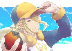 Rule 34 | 1boy, absurdres, benisuzume (crimlet), blonde hair, blue jumpsuit, cloud, commentary request, creatures (company), day, fur trim, game freak, glint, grey eyes, grin, hair over one eye, hand on headwear, hat, highres, holding, holding poke ball, jumpsuit, letterboxed, long sleeves, male focus, nintendo, outdoors, outline, poke ball, poke ball (legends), pokemon, pokemon legends: arceus, sky, smile, solo, strap, teeth, volo (pokemon), yellow hat