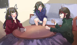 Rule 34 | 3girls, absurdres, black hair, blue eyes, blue hair, blue hoodie, blunt bangs, closed eyes, commentary request, couch, cup, demon girl, demon horns, feet out of frame, flat chest, green hoodie, highres, holding, holding cup, hood, hoodie, horns, indoors, kojo anna, kotatsu, long hair, long sleeves, looking at another, mug, multicolored hair, multiple girls, nanashi inc., open mouth, pointy ears, purple hair, red eyes, red hair, red hoodie, ryugasaki rene, shishio chris, short hair, smile, sparkle, sugar lyric, table, two-tone hair, virtual youtuber, zono (inokura syuzo029)