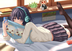 Rule 34 | 1girl, alice (sinoalice), bed, bed sheet, bedroom, black thighhighs, blue hair, blue skirt, book, brown eyes, cellphone, dealesis, doll, headphones, highres, holding, holding phone, jacket, leg up, long sleeves, looking at phone, lying, hugging object, on stomach, phone, pillow, pillow hug, plant, school uniform, short hair, sinoalice, skirt, solo, thighhighs, white jacket, window