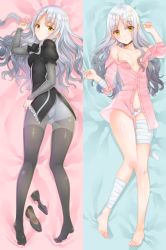 Rule 34 | 1girl, absurdres, arm at side, ass, bad id, bad pixiv id, bandaged arm, bandaged leg, bandages, bare shoulders, barefoot, bed sheet, black footwear, black shirt, blush, bodystocking, bomhat, bow, bow panties, breasts, buttons, caren hortensia, cleavage, closed mouth, collarbone, dakimakura (medium), fate/hollow ataraxia, fate/stay night, fate (series), feet, frilled shirt, frills, from above, from behind, full body, grey hair, groin, hand up, highres, layered sleeves, long hair, looking at viewer, looking back, lying, multiple views, nail polish, navel, no bra, off shoulder, on back, open mouth, panties, pantyhose, pink bow, pink nails, pink shirt, puffy short sleeves, puffy sleeves, shirt, shoes, unworn shoes, short sleeves, small breasts, spread legs, stomach, toenails, unbuttoned, unbuttoned shirt, underwear