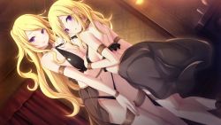 Rule 34 | 2girls, armband, blonde hair, breasts, choker, collar, earrings, eushully, feet out of frame, female focus, fuukan no grasesta, hand on own chest, hands between legs, highres, indoors, jewelry, large breasts, long hair, looking at viewer, midriff, multiple girls, navel, open mouth, parted lips, purple eyes, see-through, see-through skirt, shadow, sidelocks, skirt, smile, standing, stomach, wrist cuffs, yano mitsuki (nanairo)