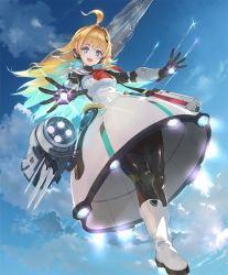 Rule 34 | + +, 1girl, :d, ahoge, aircraft, airship, android, artist request, blonde hair, blue eyes, cloud, cloudy sky, dress, fang, from below, hair intakes, headset, long hair, looking at viewer, looking down, official art, open mouth, ralmia sonic racer, shadowverse, skin fang, sky, smile, solo, thrusters, white dress