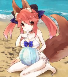 Rule 34 | 10s, 1girl, animal ears, bad id, bad pixiv id, ball, beachball, bikini, breasts, brown eyes, fate/extra, fate (series), fox ears, fox tail, hair ribbon, highres, hinuo ex, large breasts, official alternate costume, pink hair, ribbon, solo, swimsuit, tail, tamamo (fate), tamamo no mae (fate/extra), tamamo no mae (sexy bikini) (fate), twintails