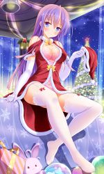 Rule 34 | 1girl, bashen chenyue, bell, blue eyes, blush, bow, box, breasts, christmas, christmas ornaments, christmas tree, cleavage, closed mouth, cloud, collarbone, dress, elbow gloves, feet, fur-trimmed dress, fur-trimmed headwear, fur-trimmed sleeves, fur trim, garter straps, gift, gift box, gloves, hair between eyes, hat, head tilt, heart, highres, holding, holding clothes, holding hat, lace, lace-trimmed legwear, lace trim, long hair, medium breasts, merry christmas, night, night sky, no shoes, original, outdoors, purple hair, red bow, red dress, red hat, santa hat, short sleeves, sky, smile, snowflake print, snowing, solo, star (symbol), stuffed animal, stuffed rabbit, stuffed toy, thighhighs, unworn hat, unworn headwear, very long hair, white gloves, white thighhighs, yellow bow