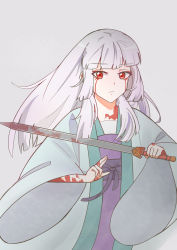 Rule 34 | 1girl, bai yuxiu, bei xiann&uuml; chidiao de xiaolongbao, blood, blood on arm, blood on face, blood on hands, bloody weapon, chinese clothes, feng ling yu xiu, frown, grey background, hair down, hanfu, looking at viewer, red eyes, sash, simple background, solo, sword, weapon, white hair, wide sleeves