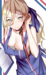 Rule 34 | 1girl, adjusting hair, alternate costume, alternate hairstyle, apron, blonde hair, blue eyes, blush, breasts, cleavage, dress, hair between eyes, hair ribbon, highres, holding, holding notepad, kantai collection, long hair, mole, mole under eye, mole under mouth, multicolored clothes, multicolored scarf, notepad, pallad, ribbon, richelieu (kancolle), scarf, sidelocks, smile, solo, upper body