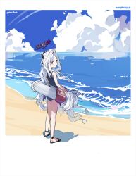 Rule 34 | 1girl, artist name, bare legs, bare shoulders, beach, blue archive, blue one-piece swimsuit, blue sky, closed mouth, cloud, day, expressionless, from behind, gohanduck, halo, highres, hina (blue archive), hina (swimsuit) (blue archive), horizon, horns, innertube, long hair, looking at viewer, looking back, ocean, official alternate costume, one-piece swimsuit, outdoors, purple eyes, sandals, school swimsuit, sky, solo, sparkle, standing, swim ring, swimsuit, very long hair, water, white hair
