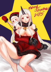 Rule 34 | 10s, 2015, 2girls, abyssal ship, alternate skin color, breasts, christmas, claws, cleavage, detached sleeves, dress, hat, highres, horns, kantai collection, large breasts, long hair, merry christmas, mittens, multiple girls, northern ocean princess, pale skin, red dress, red eyes, santa hat, seaport princess, short dress, single horn, sitting, strap pull, white hair, ytoy