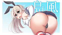 Rule 34 | 10s, 1girl, ass, bare shoulders, belly, bent over, black panties, blonde hair, blue eyes, blush, breasts, elbow gloves, from behind, gloves, hair ribbon, hairband, highres, huge ass, kantai collection, long hair, looking at viewer, medium breasts, open mouth, panties, plump, ribbon, shimakaze (kancolle), shiny skin, skirt, solo, striped clothes, striped thighhighs, teitaraku, thick thighs, thighhighs, thighs, underwear, upskirt