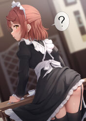 Rule 34 | 1girl, ?, alternate costume, apron, black dress, black garter straps, black thighhighs, blurry, blurry background, commentary request, cup, dress, enmaided, from behind, garter straps, highres, holding cloth, looking at viewer, looking back, love live!, love live! nijigasaki high school idol club, maid, maid apron, maid headdress, medium hair, pink hair, solo, spoken question mark, table, teacup, thighhighs, toyasu aina, uehara ayumu, white apron, wiping, yellow eyes