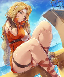 Rule 34 | 1girl, absurdres, armor, ass, bare shoulders, beach, belt, blonde hair, blush, breasts, brigid (fire emblem), brown gloves, commission, commissioner upload, dress, fingerless gloves, fire emblem, fire emblem: genealogy of the holy war, gladiator sandals, gloves, green eyes, hand in own hair, headband, highres, hip focus, long hair, looking at viewer, low-tied long hair, muneate, nintendo, ocean, ponytail, sajittari, sand, sandals, ship, short dress, signature, sitting, sky, sleeveless, sleeveless dress, solo, thick thighs, thigh strap, thighs, very long hair, watercraft, white headband