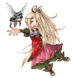 Rule 34 | 1boy, 1girl, angel, angel wings, arm up, black hair, blonde hair, brown eyes, chibi, chizuru (ti mo si2), dark pit, dress, floating, flower, hair flower, hair ornament, kid icarus, kid icarus uprising, long hair, looking at another, nintendo, open mouth, outstretched arm, sandals, simple background, smile, very long hair, viridi, white background, wings
