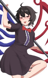 Rule 34 | 1girl, :p, asymmetrical wings, black dress, black hair, blue wings, bow, bowtie, bunsuirei, developing erection, dress, flaccid, futanari, half-closed eyes, highres, houjuu nue, huge penis, looking at viewer, penis, polearm, red bow, red bowtie, red eyes, red wings, short hair, solo, tongue, tongue out, touhou, trident, undefined fantastic object, weapon, wings